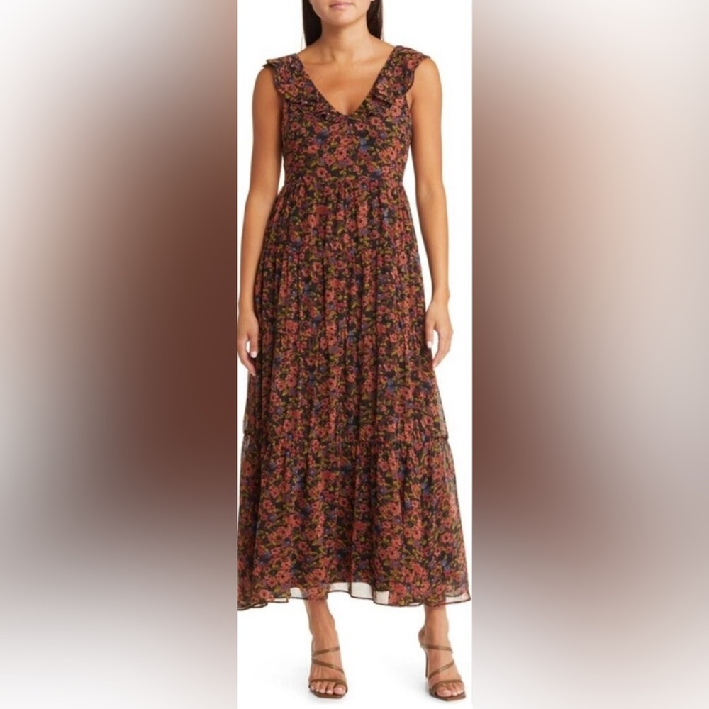 Chelsea28 Brown Rust Floral Tiered Maxi Dress